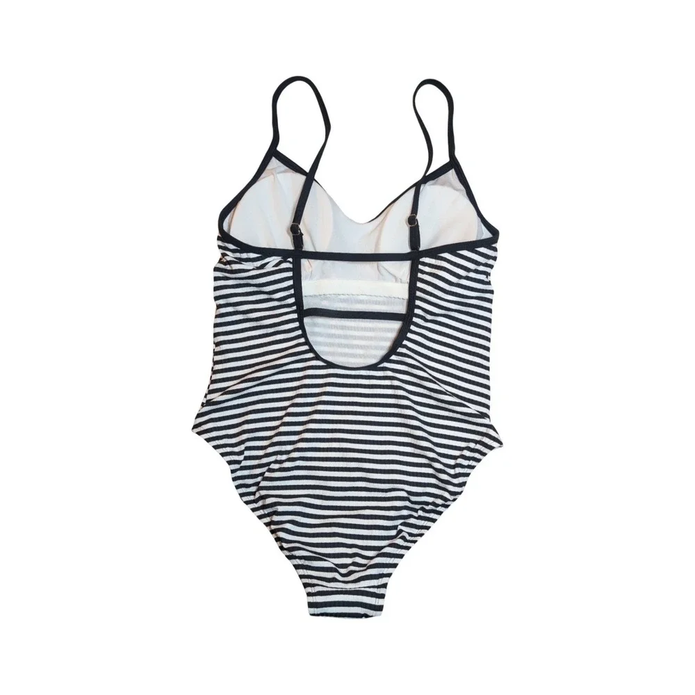 ⭐D4 Shade & Shore Black White Stripe Ribbed One Piece Swimsuit - Size L
